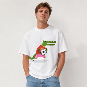 Cute Cartoon <strong>Crocodile</strong> Soccer Player Print T-shirt, Custom Cotton <strong>Tee</strong>, Funny Animal Holding Football Tshirt for Men Daily Outfit - Product Image 2