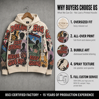 Sweat à capuche zippé intégral Custom Atelier Oatmeal 420 g/m² avec impression intégrale, motif guitare électrique effet vieilli et bulles, style streetwear, OEM ODM