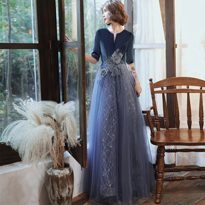 Women's Evening Gown Navy Blue V Neck Long Velvet Dress With Floral Embroidery For Banquets And Performances - Product Image 3