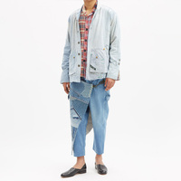 OEM ODM Pantalon en jean asymétrique patchwork pour homme, style tablier, avec mousqueton tactique et sangle, coupe courte, Sashiko Boro Harem