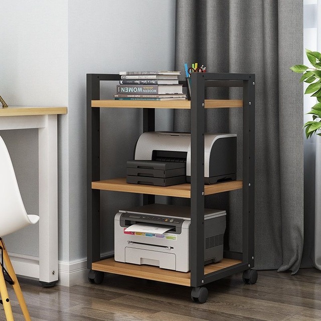 3 Tier Wood Metal Printer Stand with Rolling Wheels Movable Office Storage Rack for Copier Computer Host Paper Organizer