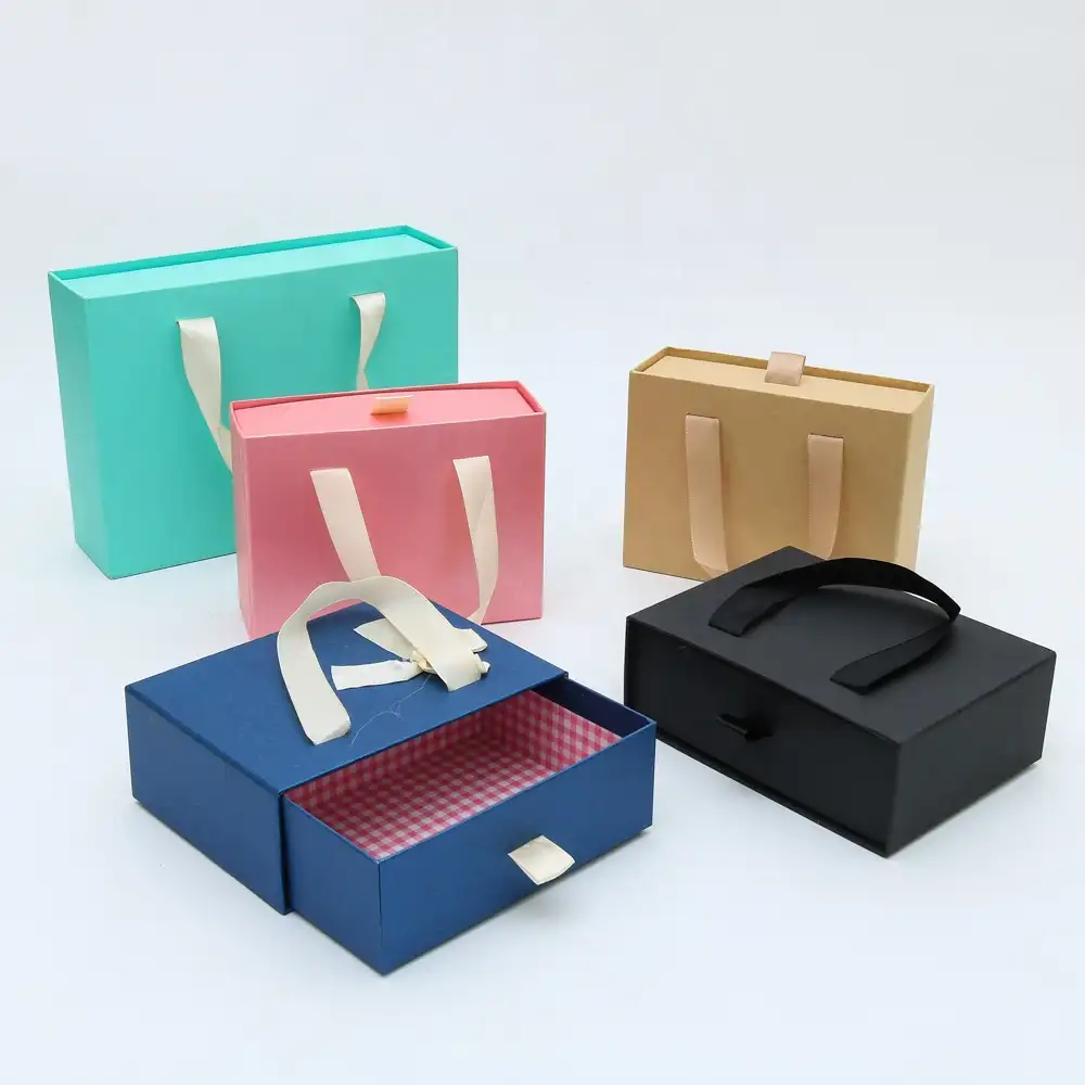 Caja de transporte de cartón de papel extraíble personalizada, regalo de boda, caja de joyería plegable con mango de cinta