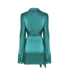 Robe portefeuille en satin et polyester pour femmes, mini jupe, couleur verte, à la taille, avec boutons, tenue d'été - Product Image 6