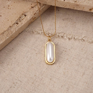 Trendy Long Oval Pearl <b>Necklace</b> For Women 304 Stainless Steel Vacuum Electroplated 18K Real <b>Gold</b> Non Fading Pendant Cable Chain - Product Image 4