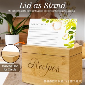 Wooden Recipe Storage Box <b>Rectangle</b> Solid Color Desktop Kitchen Organizer For Cooking Cards And Notes - Product Image 4