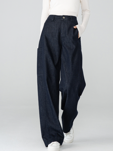 Jean large taille haute pour <span class=keywords><strong>femme</strong></span>, <span class=keywords><strong>bleu</strong></span> <span class=keywords><strong>marine</strong></span>, style vintage américain, coupe droite décontractée, amincissant, pour le printemps - Product Image 2
