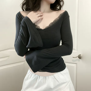 Blusa con Cuello en V y Ribete de Encaje, Manga Campana, Estilo Casual para Mujer, para el Trabajo Diario, Citas Nocturnas, Camiseta - Product Image 6