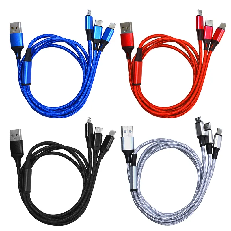 3 in one nylon usb cable 3in1 Charging Data Cable phone Type C Android 3 in 1 usb cable charger