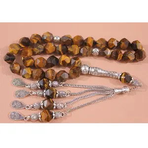Kalung Muslim, gelang manik-manik bulat segi mata harimau alami perhiasan 33 Tasbih doa Islam Tasbih rosario