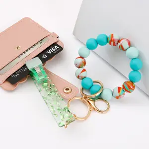 Wristlet wallet Keychain Bangle Silicone Bead Bracelet Rubber Wristband Clip Card puller Key chain acrylic card grabber keychain