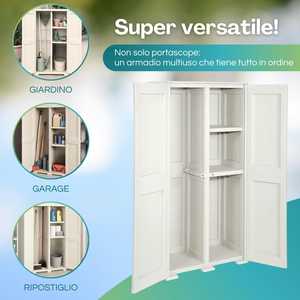 Armario para escobas de plástico con 2 puertas lisas de 79x43x164 cm, almacenamiento con compartimento para escobas y 3 compartimentos internos - Product Image 5