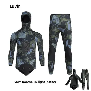 Pakaian selam pria, Hoodie Pria untuk memancing dengan tombak, setelan basah kamuflase tebal, hangat, berselancar, musim dingin, berenang, 5mm