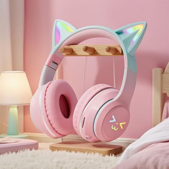 BT612 Cute Cat Ear Wireless Headphones RGB LED Lights Foldable Over Ear With Mic for Girls Kids Birthday Gift