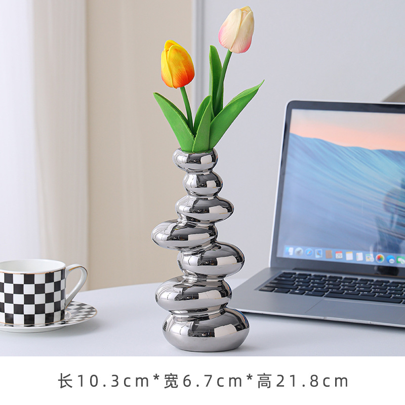 High pebble vase "sterling silver" 2 tulips