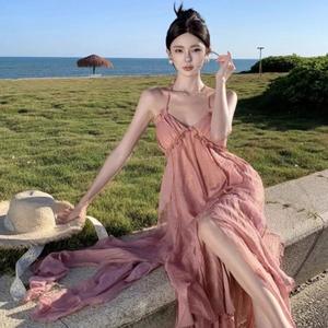 Vestido de playa rosa con cuello halter y volantes, estampado de gasa, de secado rápido, ajuste holgado, tejido, para cubrir el traje de baño - Product Image 4