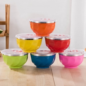 Hot bán đầy màu sắc thép không gỉ đôi tường leakproof lưu trữ thực phẩm trộn bát tròn Snack canh bát cơm đặt với nắp - Product Image 1