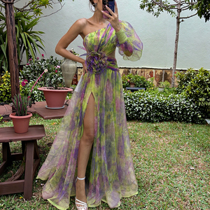 Elegante <span class=keywords><strong>Vestido</strong></span> de Fiesta Formal, <span class=keywords><strong>Vestido</strong></span> de Gala con un Hombro Descubierto y Estampado Tie-Dye, con Mangas Abullonadas de Malla y Abertura Lateral, <span class=keywords><strong>Vestido</strong></span> de Noche para Mujer - Product Image 3