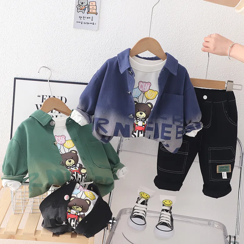 2023 New Arrived Toddler Baby Boy Casual Spring Fall Clothing Cotton Long Sleeved Shirt +Jacket+ Denim Jeans 3Pcs Set
