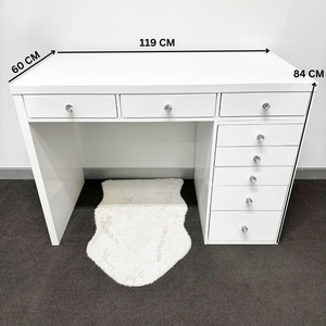 Modern White LED Vanity <strong>Desk</strong> <strong>Set</strong> with Studio Mirror, Large Glass Top Makeup Table with 2 Side Shelves &amp; 7 Drawers - Product Image 3