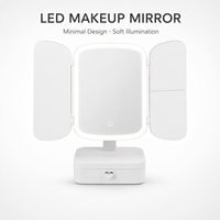 Miroir de maquillage LED pliable rechargeable USB-C avec grossissement 1X 3X 5X, angle réglable, base avec boîte de rangement, miroir de vanité de table