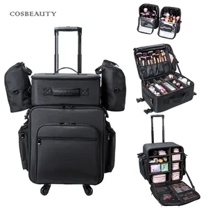 Caja de maquillaje personalizada de nailon de viaje 4 en 1 profesional, organizador de cosméticos Negro Grande, carrito rodante de maquillaje, organizador, estuche de belleza