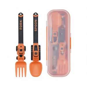 Juego de cubiertos infantiles con diseño divertido, juego de 2 piezas de cuchara y tenedor con forma de vehículo de construcción, con almacenamiento - Product Image 3