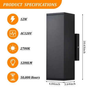 Đèn gắn tường ngoài trời tích hợp LED chiếu sáng lên xuống, bán chạy, hình vuông, 12W, 2700K, IP65, trang trí - Product Image 4