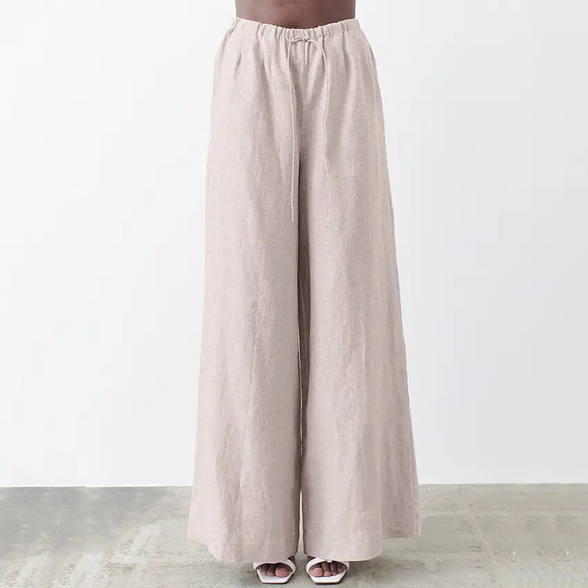 New arrivals wholesale women's Solid Elastic Ankle-length Cotton Wide Leg Belted vintage Pants trousers