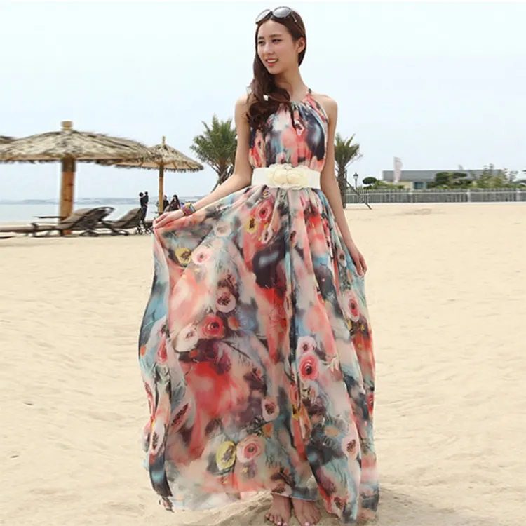 Moda Bohemia Floral impreso vestido Maxi de gasa OEM/ODM Vestidos de playa vacaciones de verano Casual Vestidos Plus tamaño ropa para mujeres