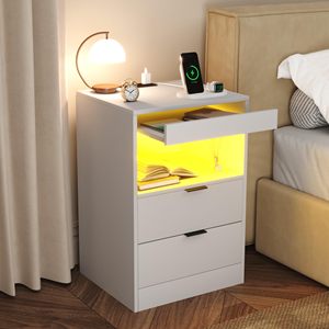 Table de chevet moderne blanche SENYU avec 3 tiroirs et station de charge pour chambre à coucher et salon - Product Image 5