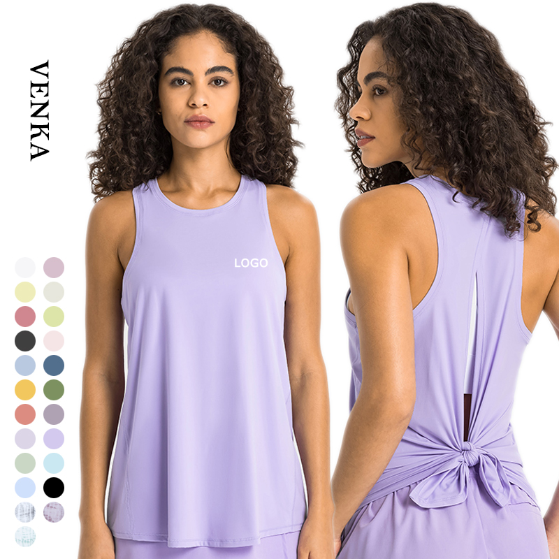 Women's Lightweight Seamless Fitness Singlet Open Back Muscle Fit Workout Tank Top Custom Logo Solid Color for Sports Yoga Gym