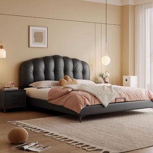 French Style Black Genuine Leather <b>Bed</b> Modern Minimalist Master Bedroom Upholstered Double <b>Bed</b> With <b>Soft</b> Backrest - Product Image 1