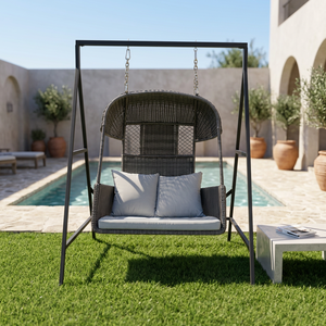 Fauteuil suspendu en osier d'extérieur avec support métallique, causeuse en rotin gris et coussins bleu clair pour terrasse et jardin - Product Image 2