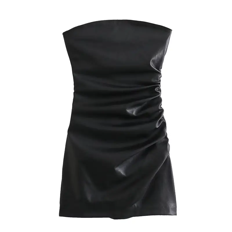 ZATRHMBM النساء موضة جديدة طيات جلد صناعي فستان صغير قبالة الكتفين مثير عارية الظهر فساتين الإناث Vestidos Mujer
