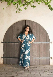 Handmade Cotton Dark Green Floral Print Long Maxi Dress Short Sleeves V Neck Relaxed Fit and Flowing Silhouette <b>Kimono</b> Dress - Product Image 3