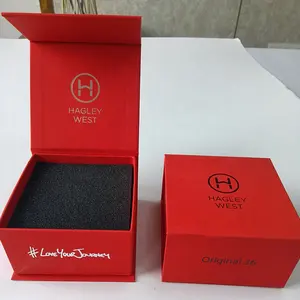 Fábrica personalizada hot stamping folha logotipo quadrado ímã caixa luxo vermelho relógio papel embalagem caixa
