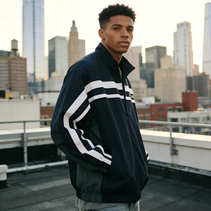 Veste streetwear style New York personnalisée ODM pour hommes et femmes, coupe-vent léger à col montant rayé et color block, style bomber. - Product Image 4