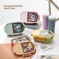 Boîte à lunch mignonne de dessin animé pour étudiants, en acier inoxydable 304, double compartiment, boîte bento portable, hermétique, compatible micro-ondes