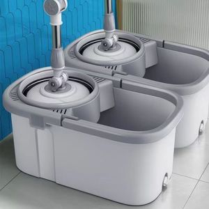 Serpillère rotative mains libres à double entraînement avec <span class=keywords><strong>assistance</strong></span> hydraulique, seau en acier inoxydable et manche télescopique pour usage domestique - Product Image 1