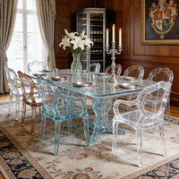 Ensemble de table à manger de banquet de mariage en résine transparente, chaise de salle à manger, mobilier d'hôtel moderne de luxe avec plateau en verre transparent