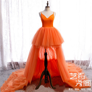 Red Tulle Ball Gown Strapless Backless Wedding Dress Long Train European Style Runway Fashion Dress - Product Image 3
