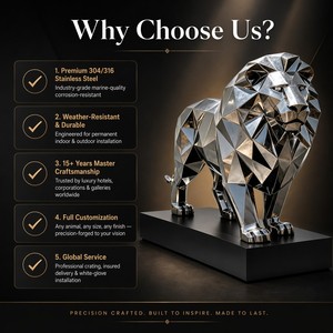 Sculpture de <span class=keywords><strong>lion</strong></span> géométrique moderne en acier inoxydable, poli miroir, grande statue de <span class=keywords><strong>lion</strong></span> en métal pour la décoration paysagère extérieure du jardin - Product Image 6