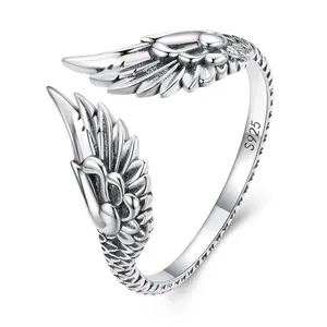 Anel de prata esterlina 925 vintage clássico com asas de anjo ajustável para mulheres, joia de venda imperdível