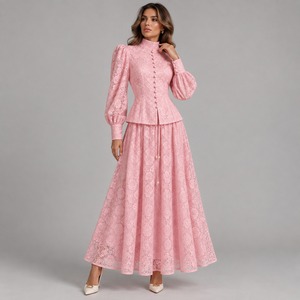 Pink Lace Mini <b>Dress</b> High Neck Puff Sleeve A-Line Fitted Casual <b>Formal</b> <b>Vintage</b> Elegant Spring Breathable Solid Color - Product Image 1