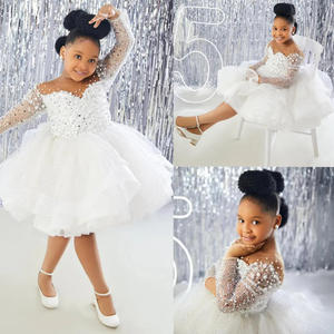 Bambine bianche abiti da ragazza fiore per matrimonio su misura collo trasparente maniche lunghe con paillettes in pizzo per festa di compleanno - Product Image 2