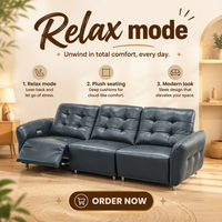 Modernes Quadratisches 2,85m Elektrisches Relaxsofa aus Vollnarbenleder, 3-Sitzer Ecksofa für Villa-Wohnzimmer mit USB-Anschluss
