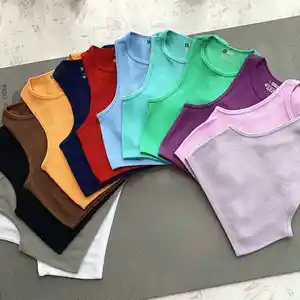 Vente en gros T-shirt court solide pour femmes débardeur sans couture Streetwear Stretch côtelé tricot sans manches débardeur décontracté Top Stock