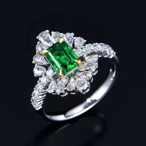 Elongated Rectangular Brilliant Cut Wharton <b>Green</b> Natural Emerald <b>Ring</b>, 18K Gold Setting Adorned 30 Large Shiny Side diamonds - Product Image 3