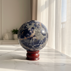 Boule de Sodalite Bleue Naturelle, Pierre Ronde Polie avec un Extérieur Lisse et des Veines Blanches Naturelles - Product Image 3