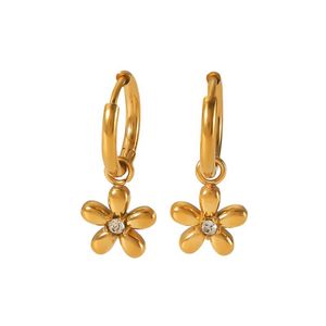 Boucles d'oreilles pendantes en acier inoxydable plaqué or 18 carats PVD avec breloques en zircon |   Designs géométriques floraux |   Hypoallergénique, tendance, pour femmes - Product Image 1